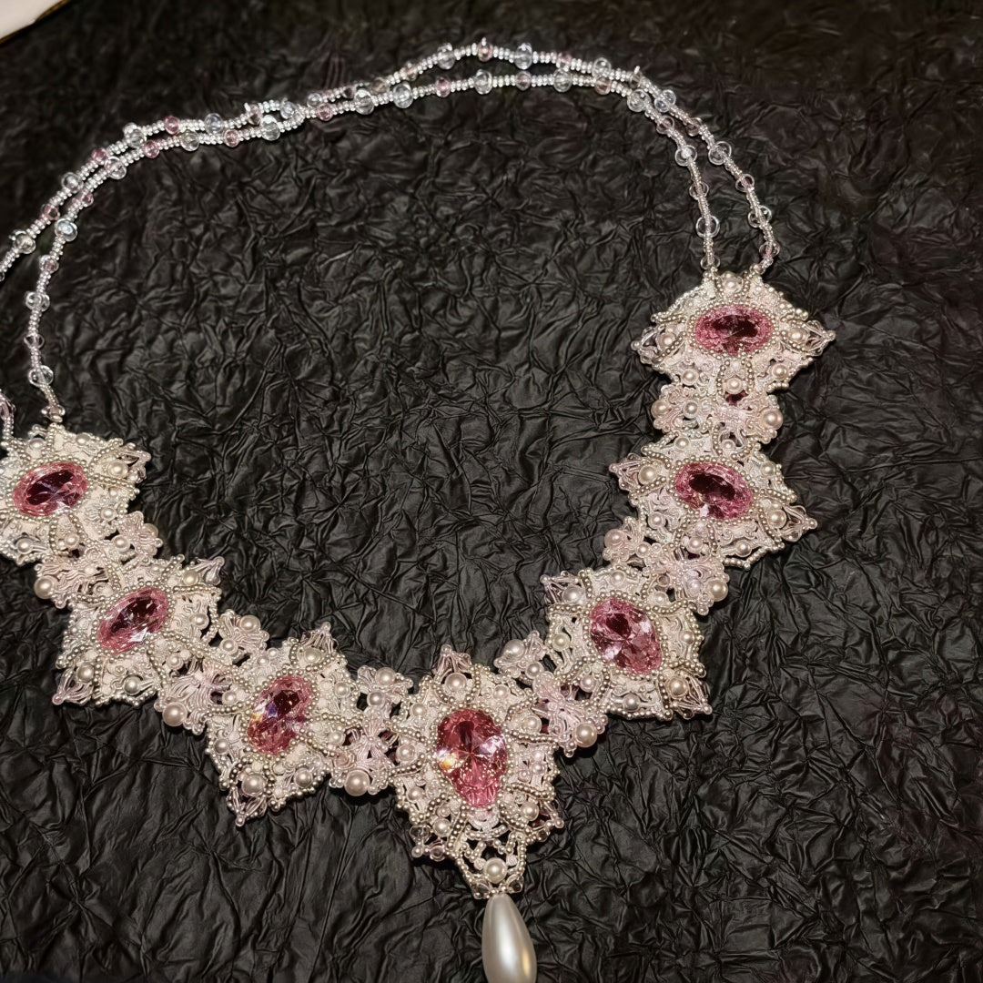 💎Vintage Pink Crystal Pearl Beaded Necklace DIY Kit | Handmade Statement Jewelry