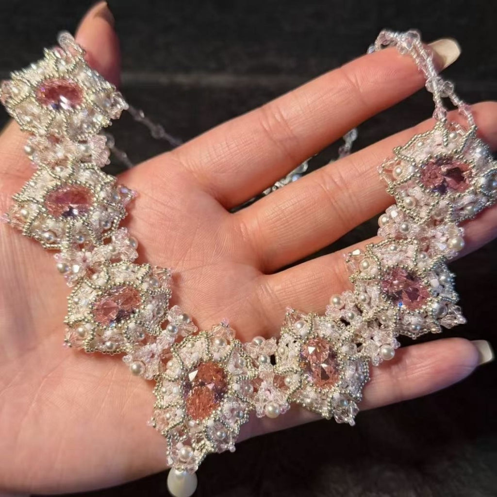 💎Vintage Pink Crystal Pearl Beaded Necklace DIY Kit | Handmade Statement Jewelry