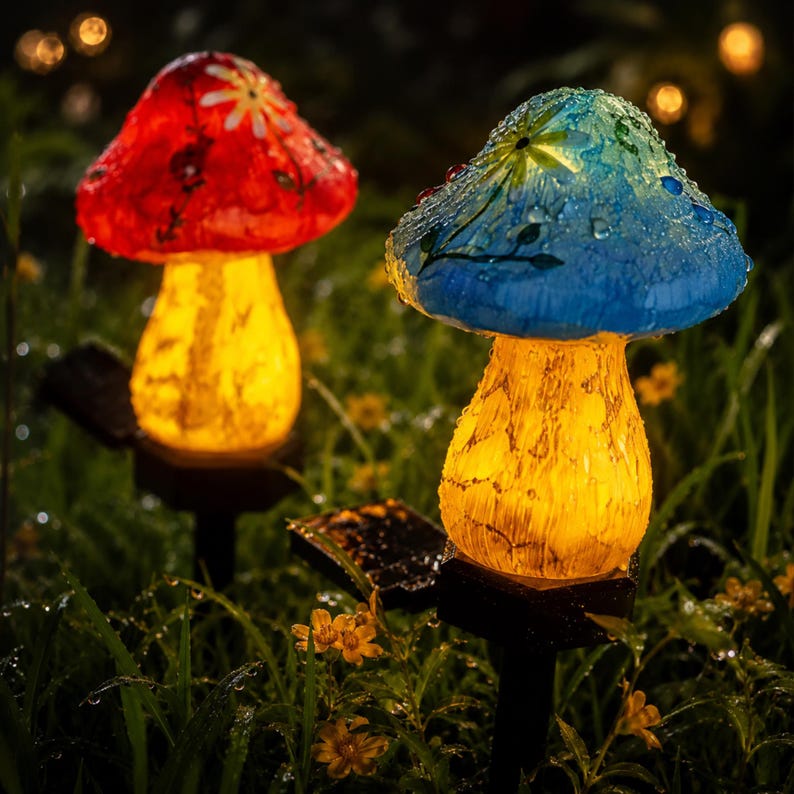 Mushroom Solar Garden Lights, Waterproof Fairy Pathway Stakes, Outdoor Yard Decor, Set of 2