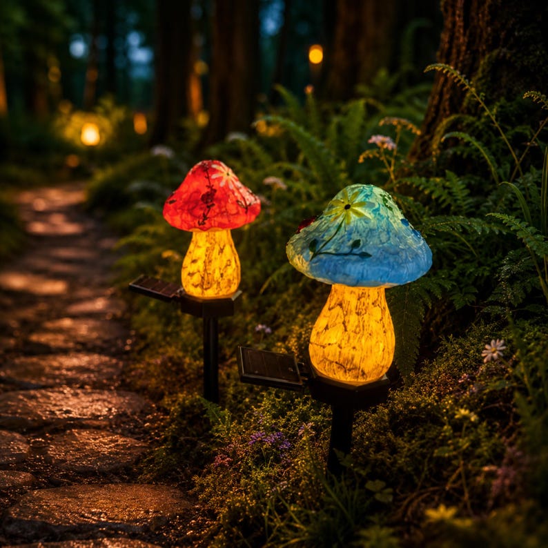 Mushroom Solar Garden Lights, Waterproof Fairy Pathway Stakes, Outdoor Yard Decor, Set of 2