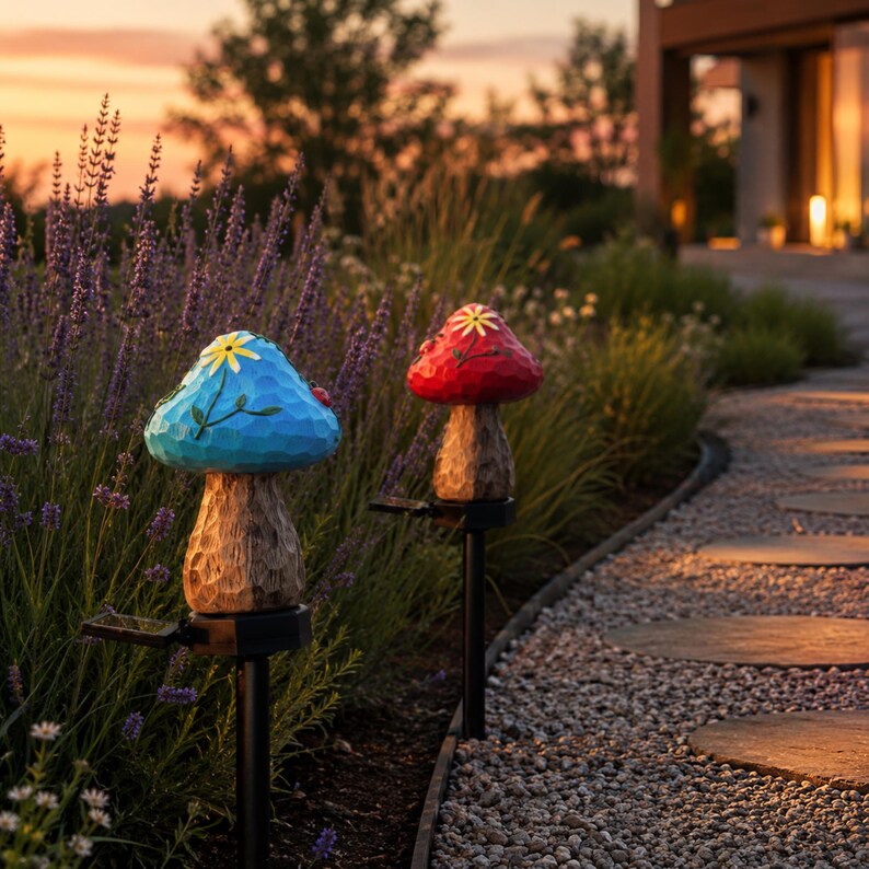 Mushroom Solar Garden Lights, Waterproof Fairy Pathway Stakes, Outdoor Yard Decor, Set of 2