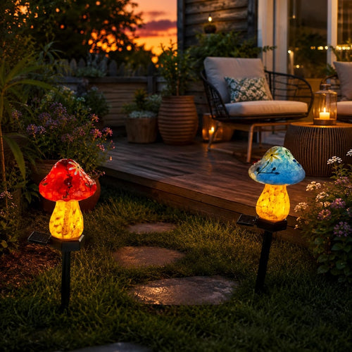 Mushroom Solar Garden Lights, Waterproof Fairy Pathway Stakes, Outdoor Yard Decor, Set of 2