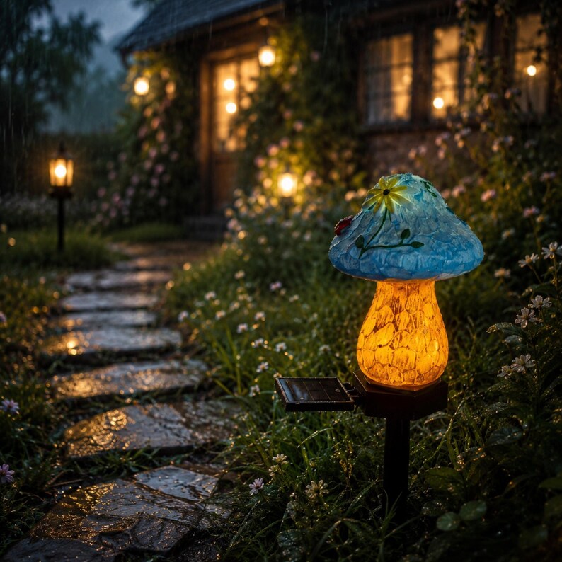 Mushroom Solar Garden Lights, Waterproof Fairy Pathway Stakes, Outdoor Yard Decor, Set of 2