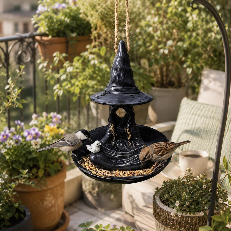 Witch Hat Bird Feeder, Resin Halloween Birdfeeder Hanging, Gothic Garden Decor, Spooky Bird Lover Gift, Balcony Backyard Wild Bird Station