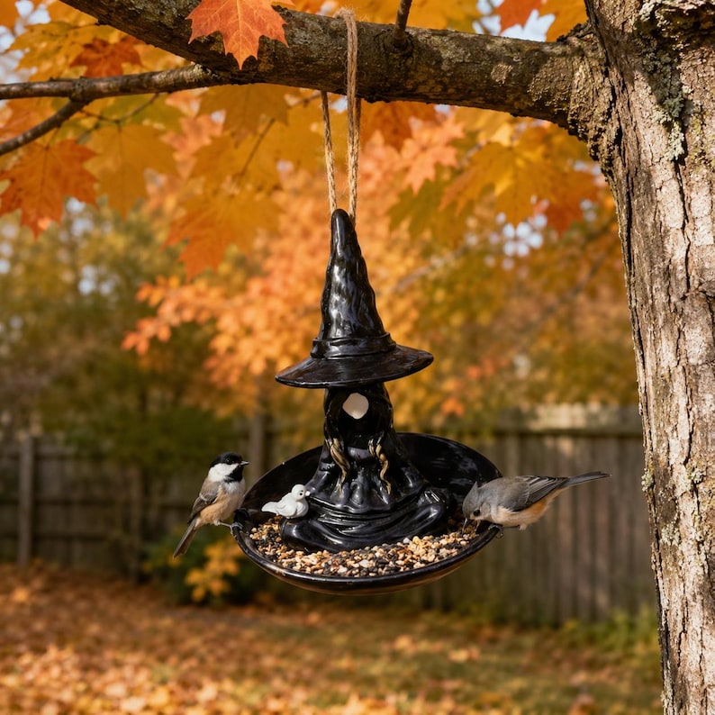Witch Hat Bird Feeder, Resin Halloween Birdfeeder Hanging, Gothic Garden Decor, Spooky Bird Lover Gift, Balcony Backyard Wild Bird Station