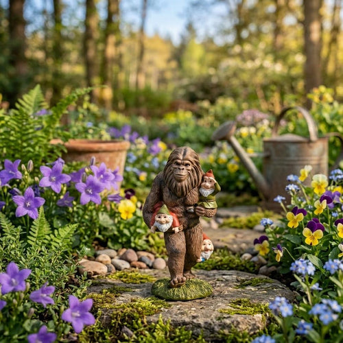Funny Bigfoot Garden Decor, Sasquatch Carrying Gnomes Statue, Outdoor Lawn Ornament, Housewarming Gift, Patio Decoration