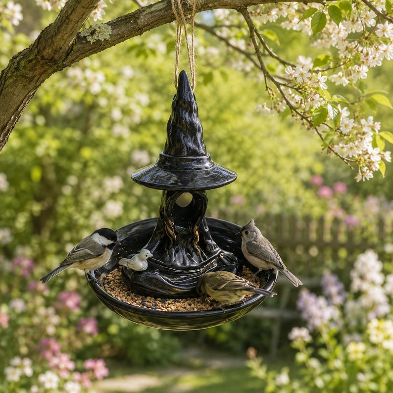 Witch Hat Bird Feeder, Resin Halloween Birdfeeder Hanging, Gothic Garden Decor, Spooky Bird Lover Gift, Balcony Backyard Wild Bird Station