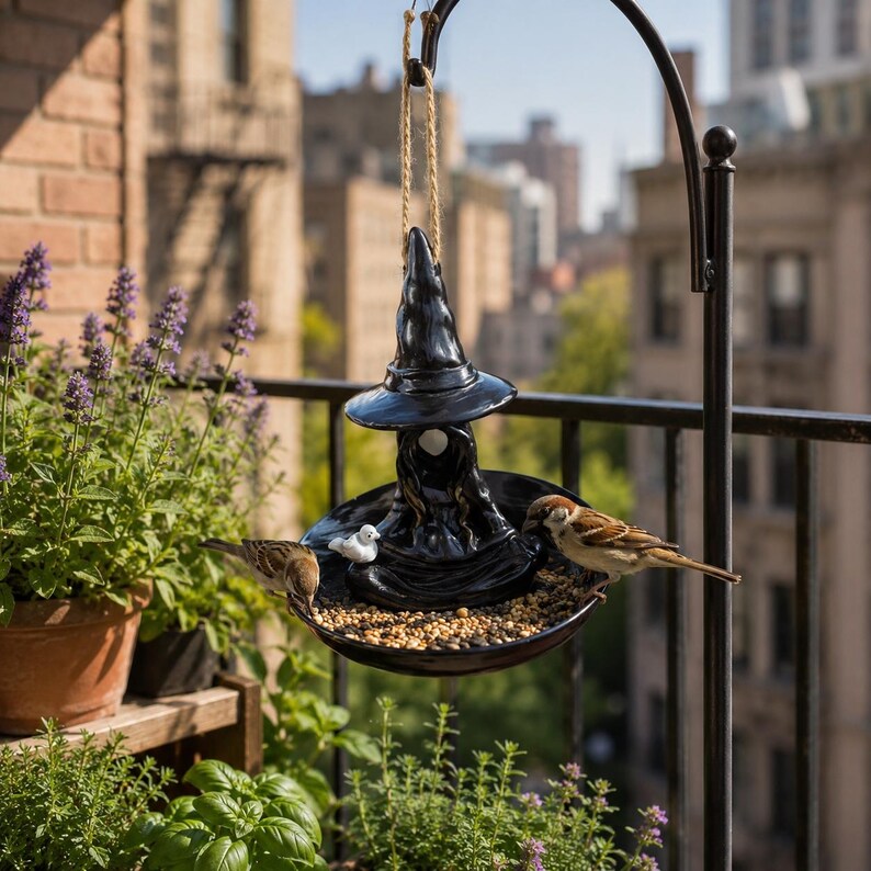 Witch Hat Bird Feeder, Resin Halloween Birdfeeder Hanging, Gothic Garden Decor, Spooky Bird Lover Gift, Balcony Backyard Wild Bird Station