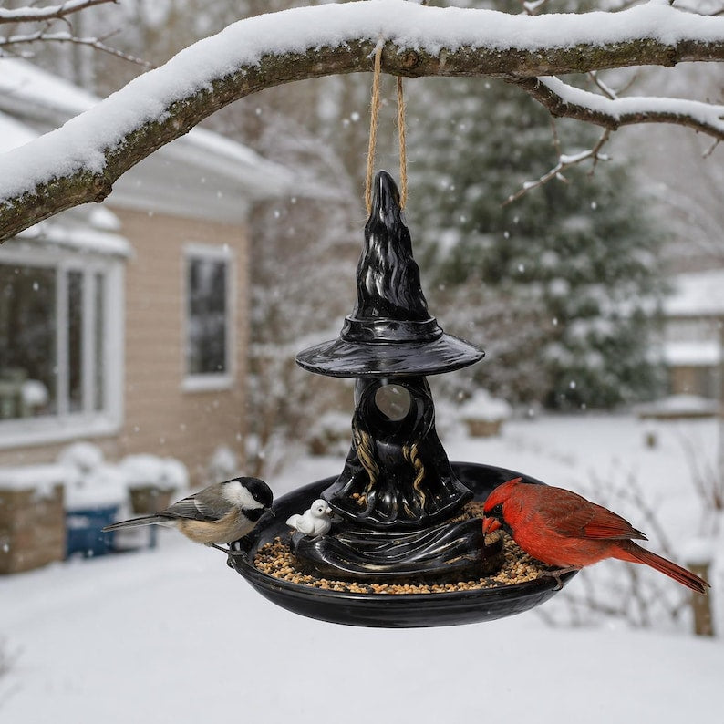Witch Hat Bird Feeder, Resin Halloween Birdfeeder Hanging, Gothic Garden Decor, Spooky Bird Lover Gift, Balcony Backyard Wild Bird Station