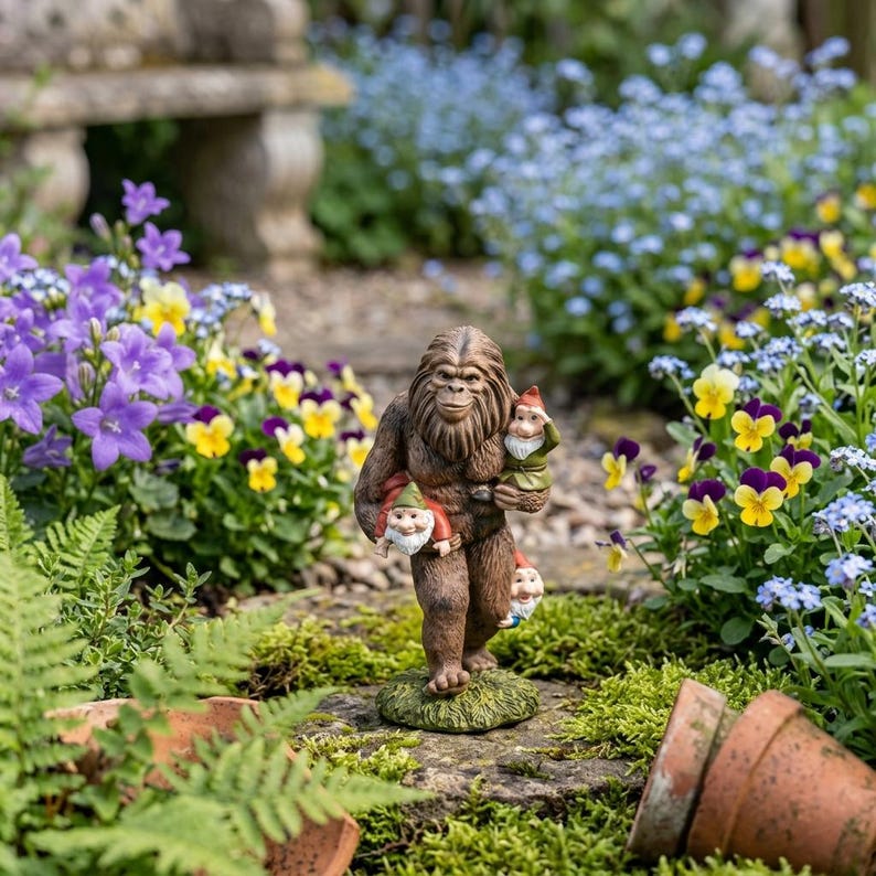 Funny Bigfoot Garden Decor, Sasquatch Carrying Gnomes Statue, Outdoor Lawn Ornament, Housewarming Gift, Patio Decoration