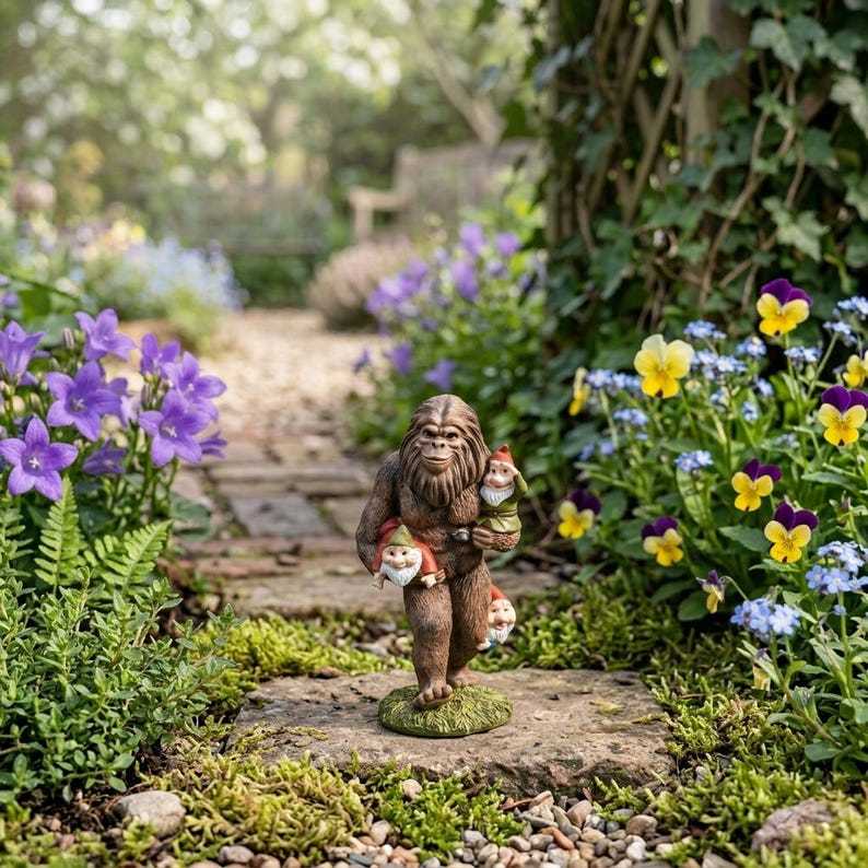 Funny Bigfoot Garden Decor, Sasquatch Carrying Gnomes Statue, Outdoor Lawn Ornament, Housewarming Gift, Patio Decoration