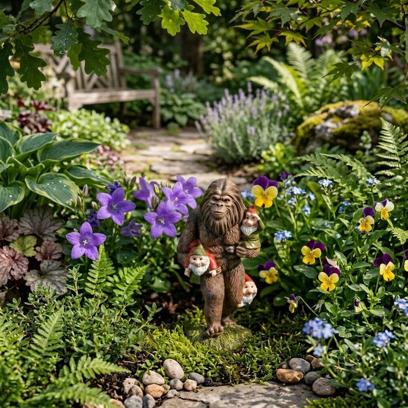 Funny Bigfoot Garden Decor, Sasquatch Carrying Gnomes Statue, Outdoor Lawn Ornament, Housewarming Gift, Patio Decoration