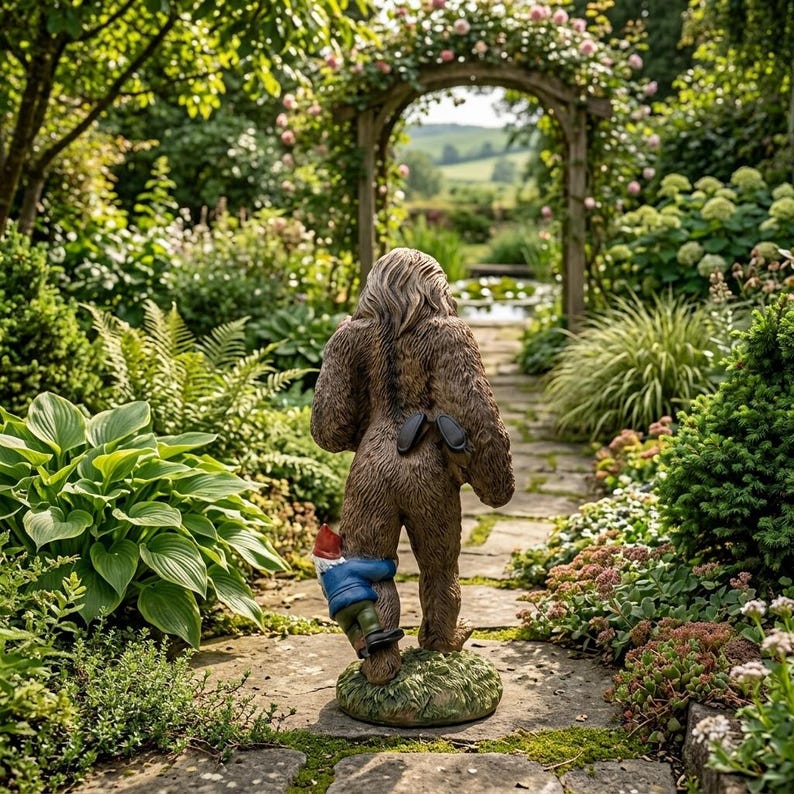 Funny Bigfoot Garden Decor, Sasquatch Carrying Gnomes Statue, Outdoor Lawn Ornament, Housewarming Gift, Patio Decoration