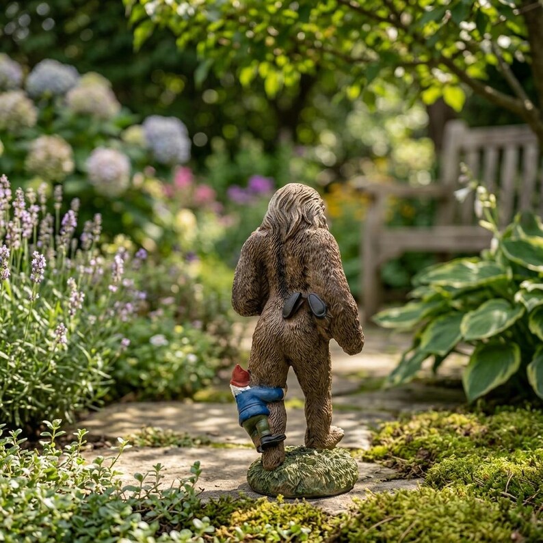 Funny Bigfoot Garden Decor, Sasquatch Carrying Gnomes Statue, Outdoor Lawn Ornament, Housewarming Gift, Patio Decoration