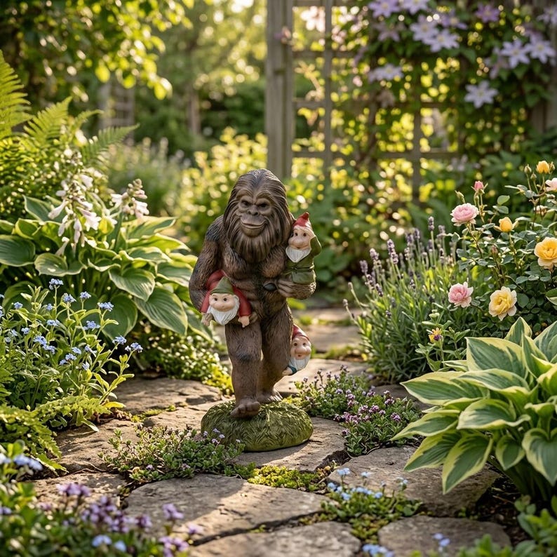 Funny Bigfoot Garden Decor, Sasquatch Carrying Gnomes Statue, Outdoor Lawn Ornament, Housewarming Gift, Patio Decoration