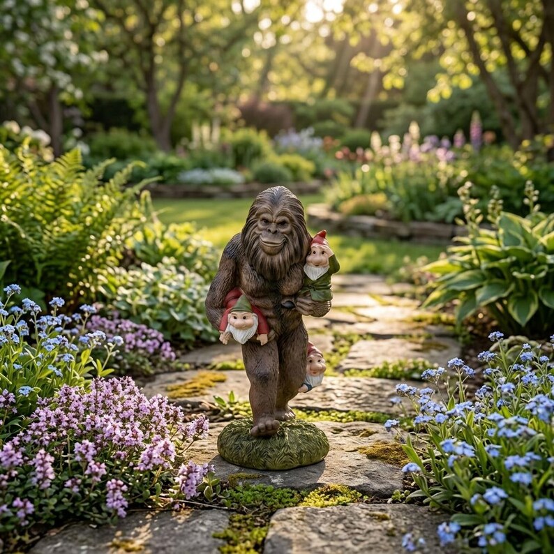 Funny Bigfoot Garden Decor, Sasquatch Carrying Gnomes Statue, Outdoor Lawn Ornament, Housewarming Gift, Patio Decoration