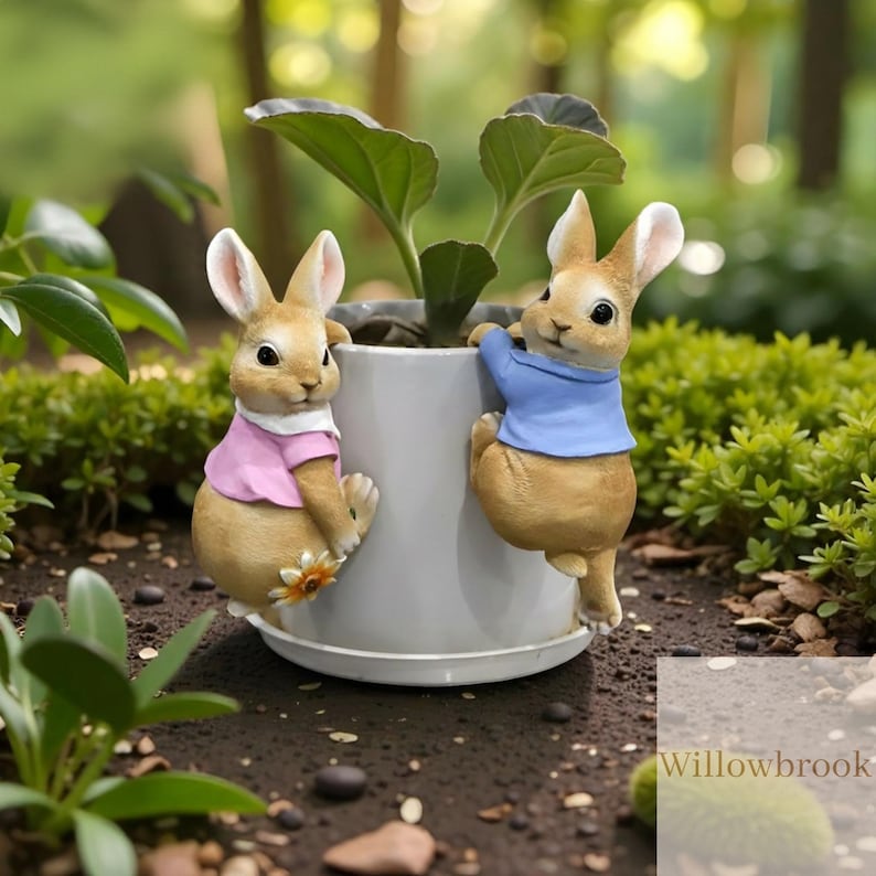 Resin Bunny Rabbit Plant Pot Hanger, Cute Garden Decor Ornament, Rabbit Planter Accessory, Whimsical Outdoor Gift, Fairy Garden Decoration