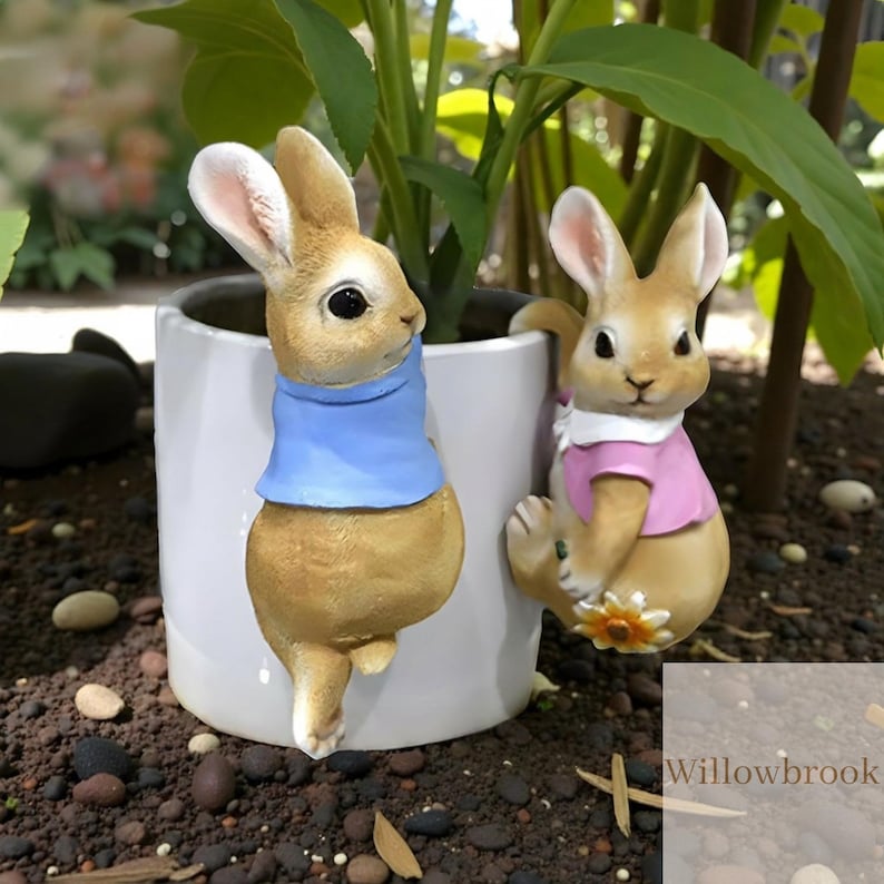 Resin Bunny Rabbit Plant Pot Hanger, Cute Garden Decor Ornament, Rabbit Planter Accessory, Whimsical Outdoor Gift, Fairy Garden Decoration