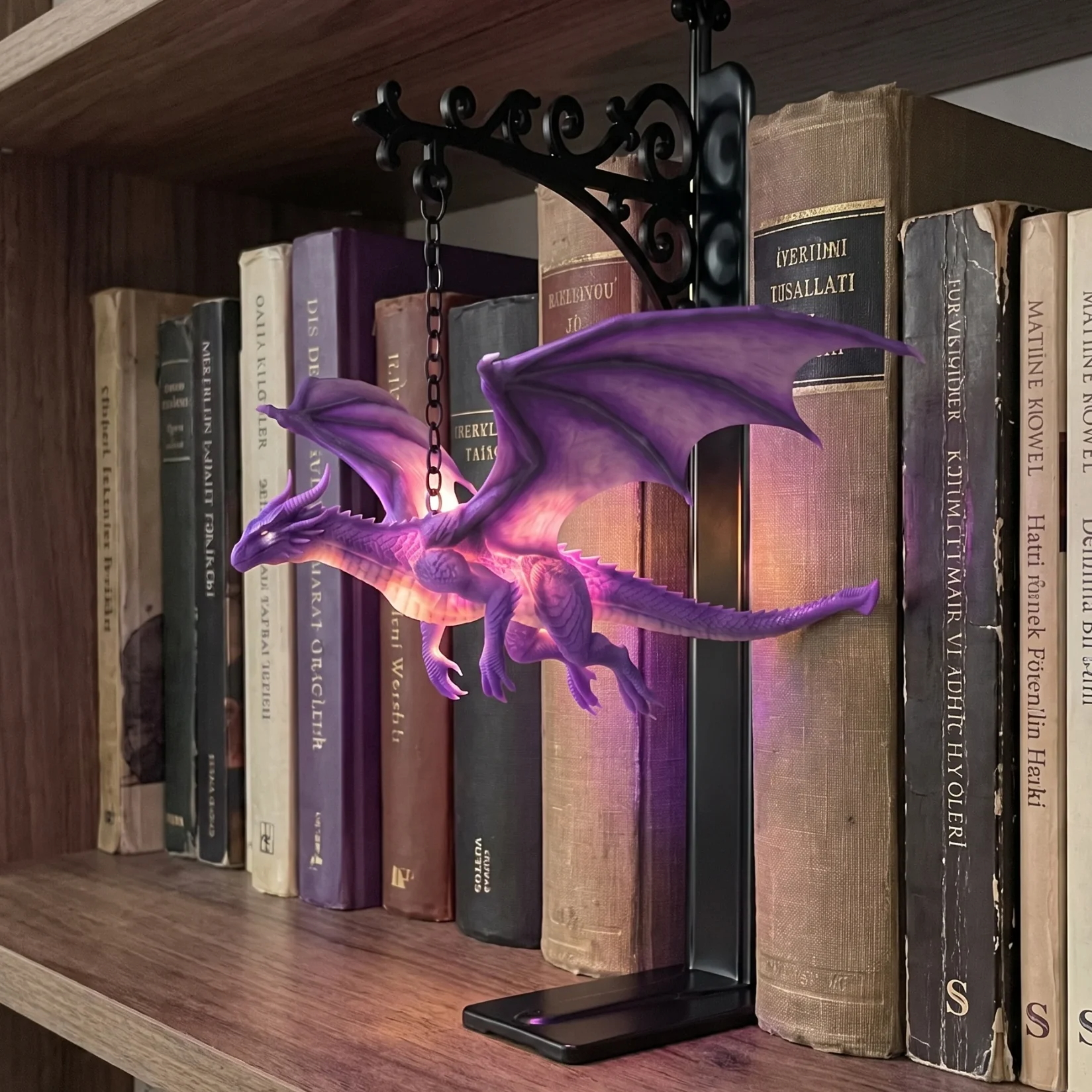 🐉DragonGlow Hanging Purple Dragon Bookend Light